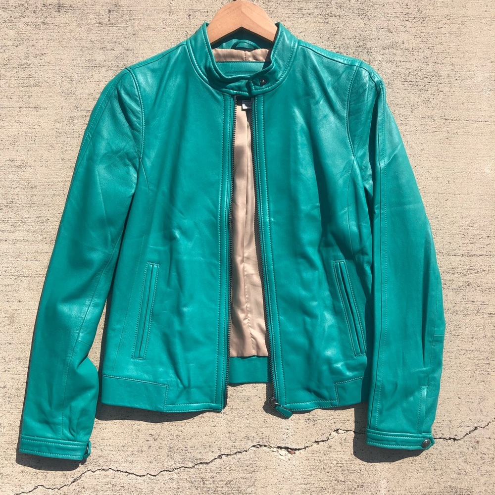 COACH LEATHER JACKET TEAL XS